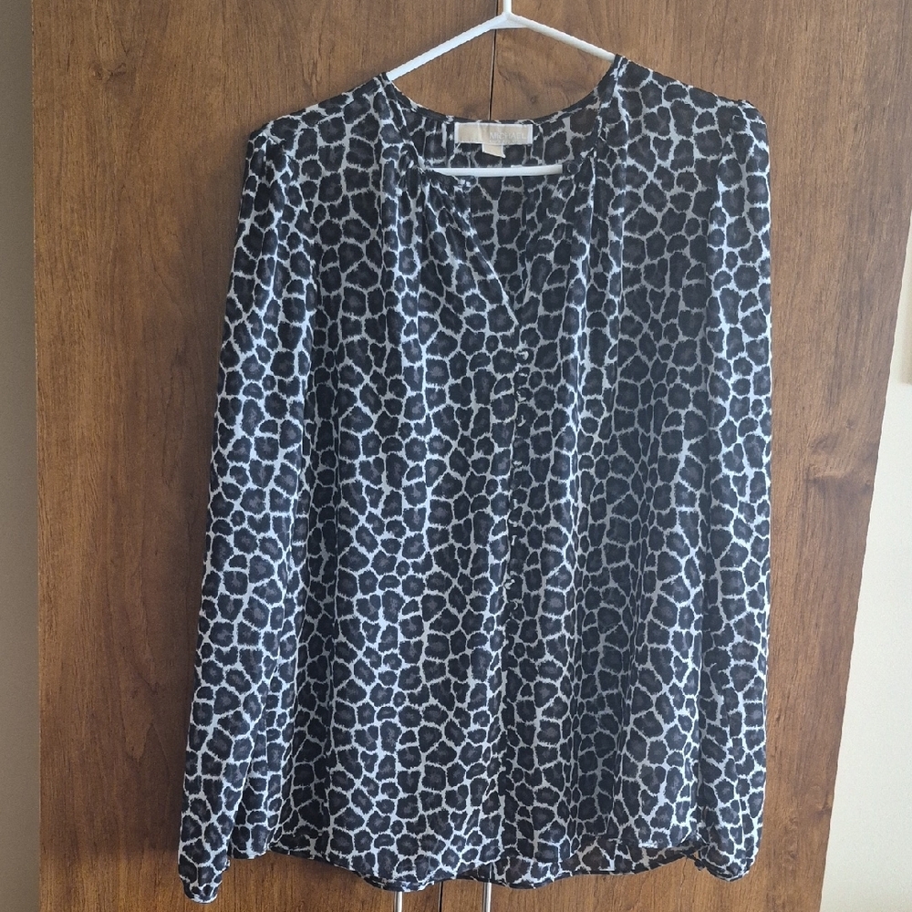 Michael Kors Sheer Graphic Animal Leopard Print Long Sleeve Blouse